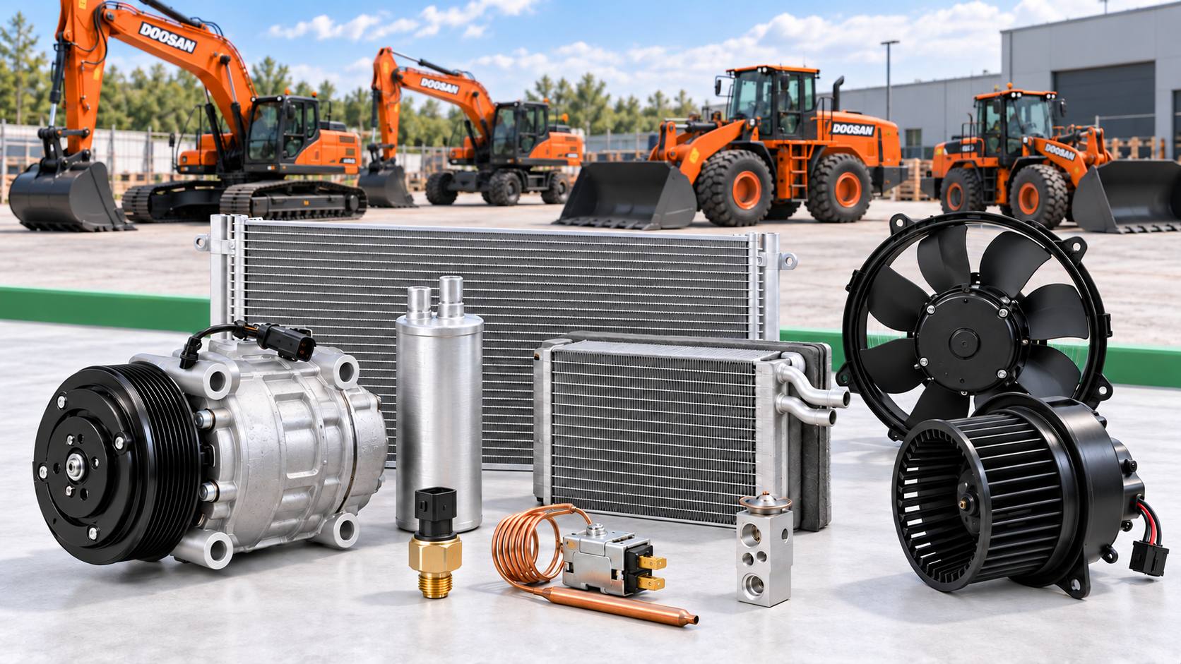 Запчастини для кондиціонерів техніки DOOSAN: компресор, ресивер, конденсор, випаровувач, датчик тиску, термостат, радіальний та аксіальний вентилятори, ТРВ